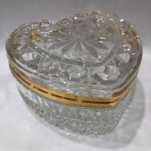 Vintage French Cut Crystal Hinged Jewelry Big Heart Shaped Box Gold Decor